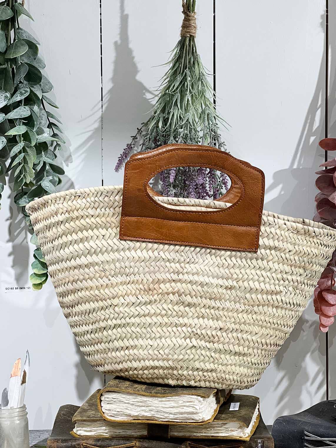 Straw Tote with Large Leather Handles