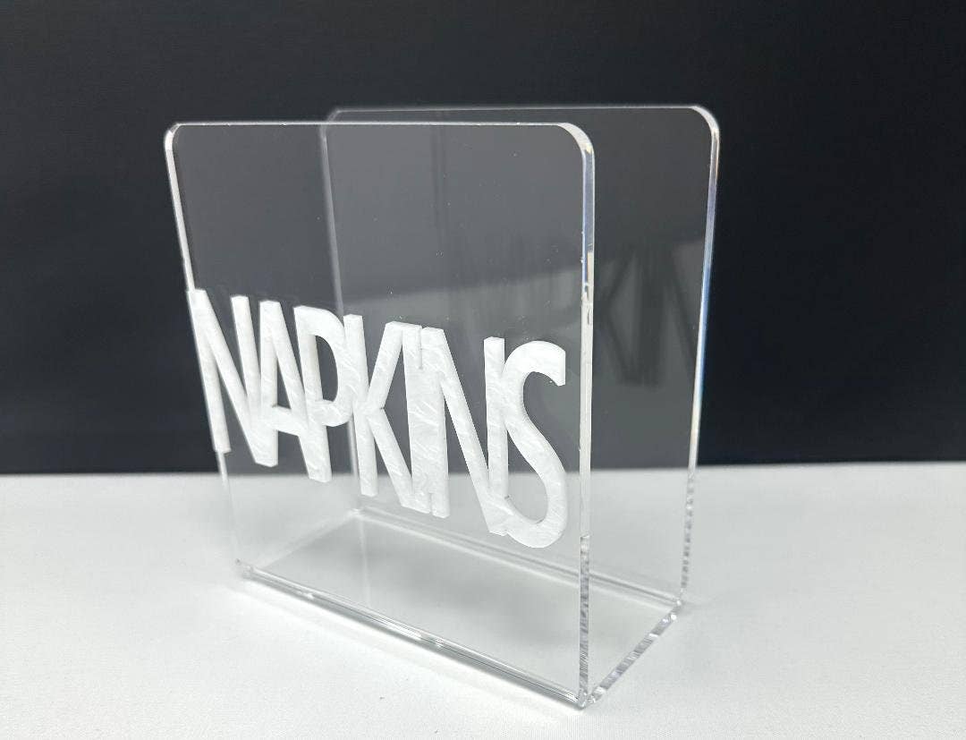 Acrylic Napkin Holder With White Pearlized Lettering