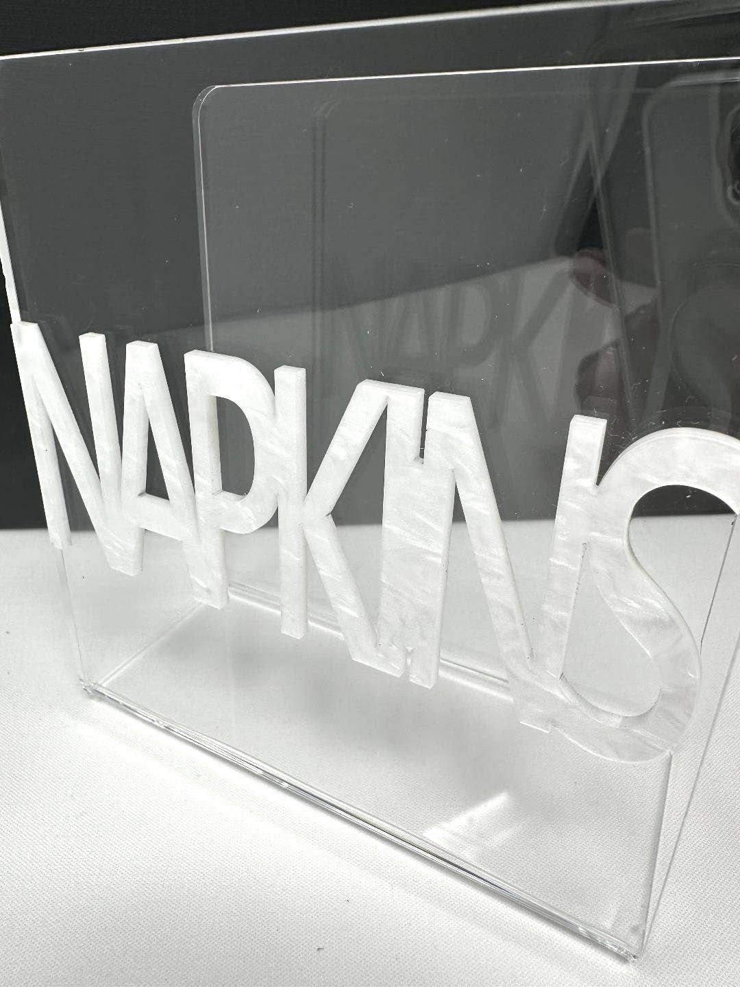 Acrylic Napkin Holder With White Pearlized Lettering