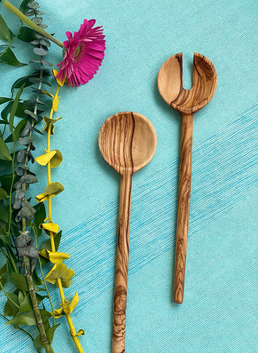 Olive Wood  Demi Lune Salad Serving Set 12"