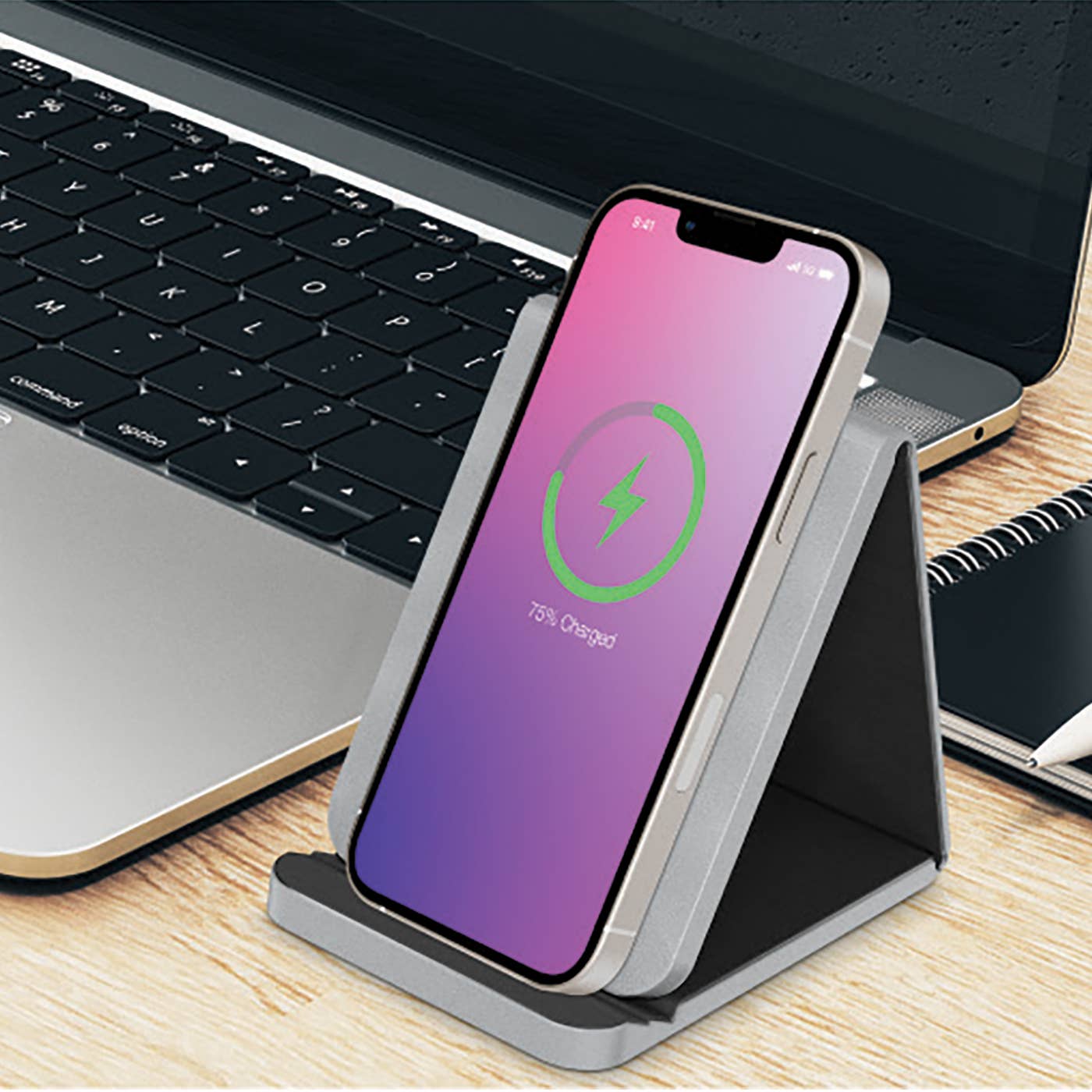 Grey with Black - Leather Wireless Charging Folding Stand