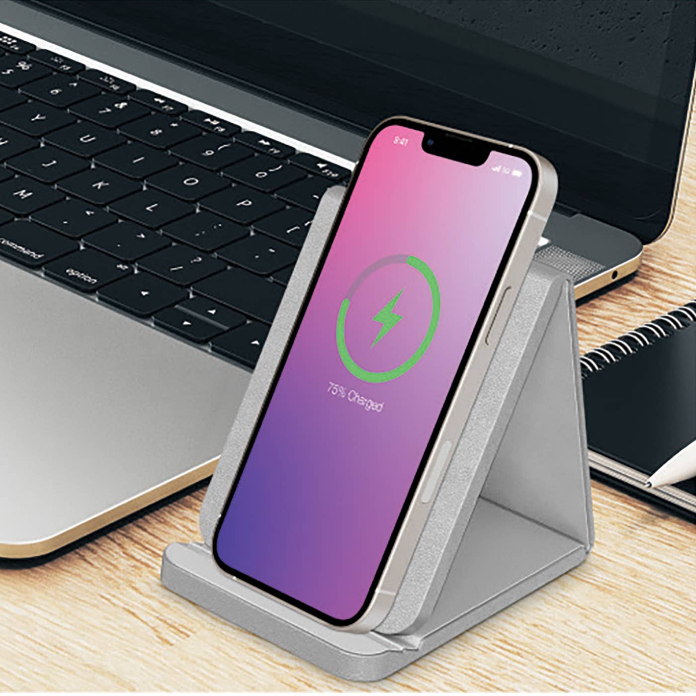 Silver - Leather Wireless Charging Folding Stand & Pad