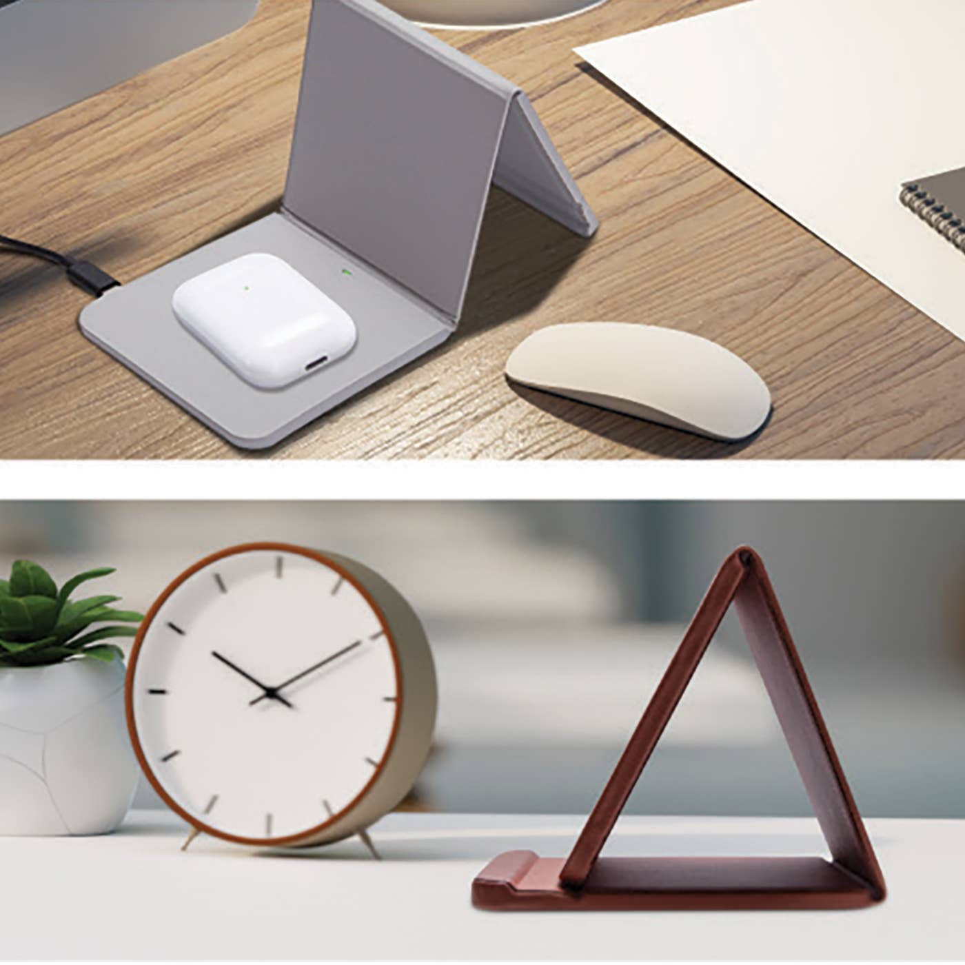 Grey with Black - Leather Wireless Charging Folding Stand