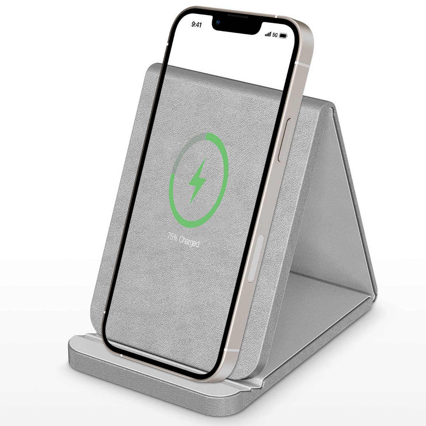 Silver - Leather Wireless Charging Folding Stand & Pad