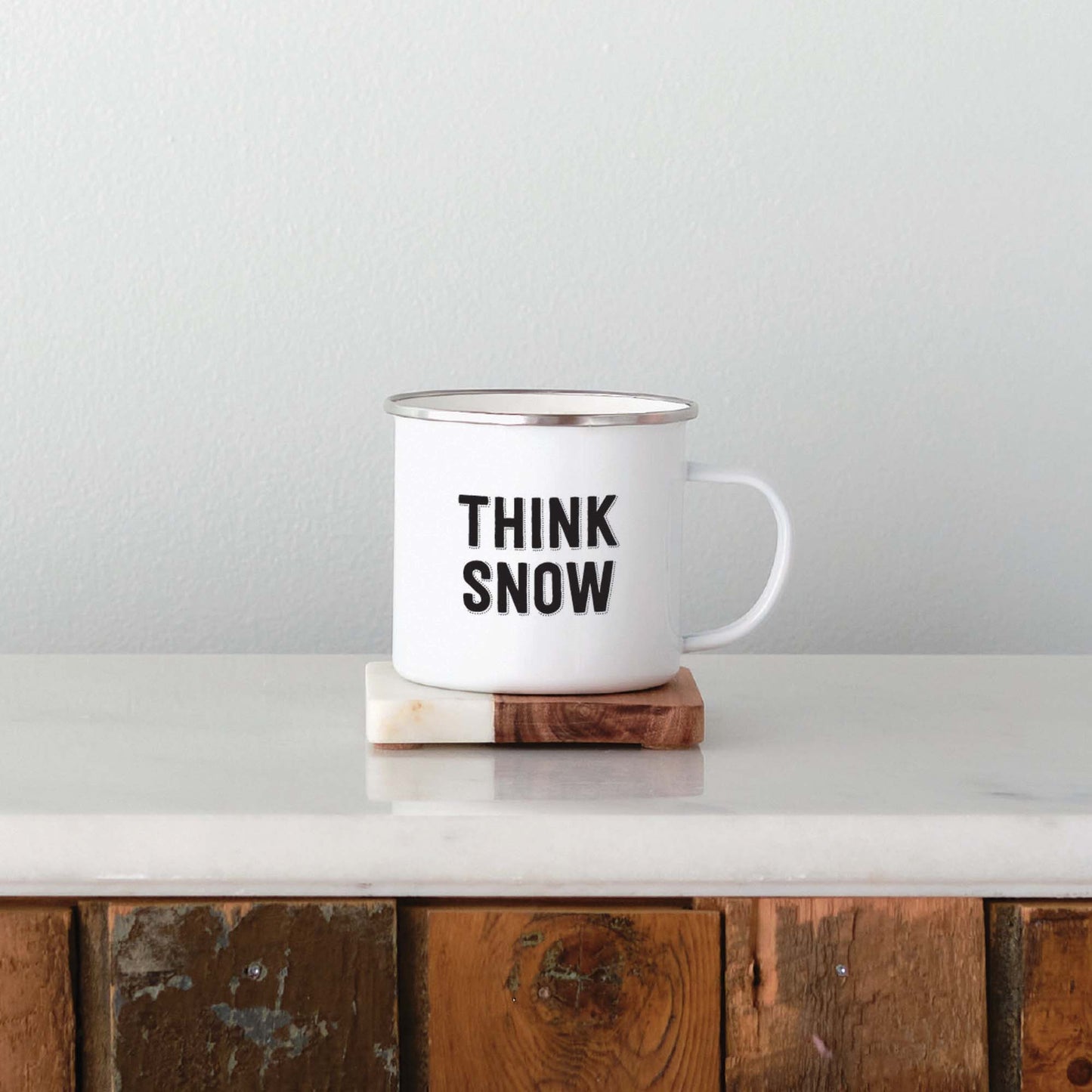 Think Snow printed enamel mug